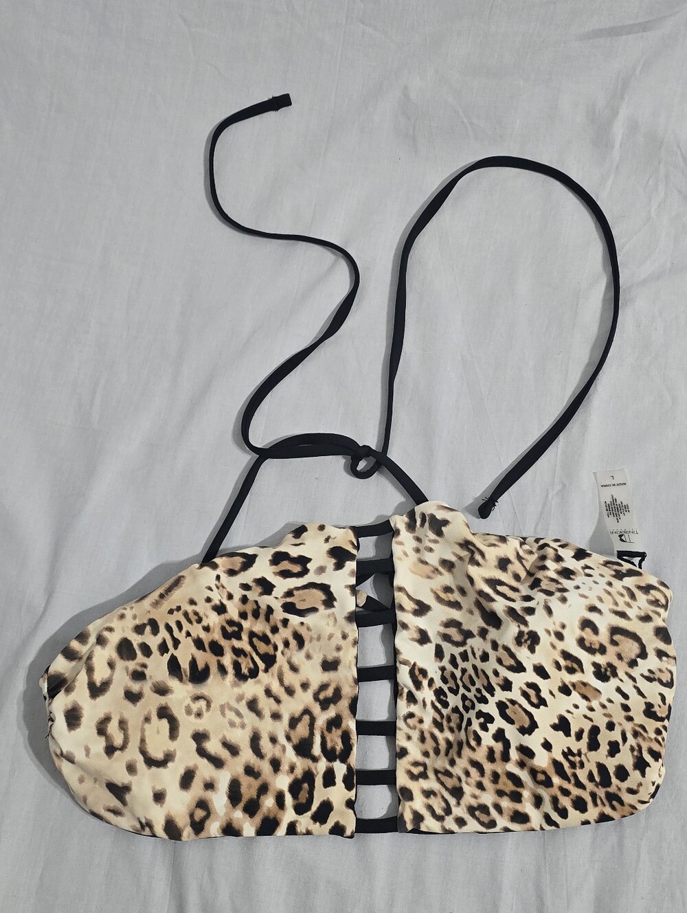 Leopard Print Strapless Bikini Top with Black Ties